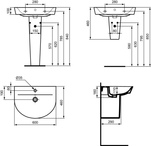 Ideal Standard Waschtisch Connect Air Arc 600x460x160 mm Weiß mit 1 Hahnloch und Überlauf