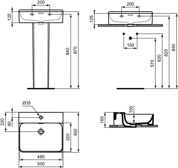Ideal Standard Conca Aufsatzwaschtisch 500x450x165 mm Weiß 1 Hahnloch mit Überlauf