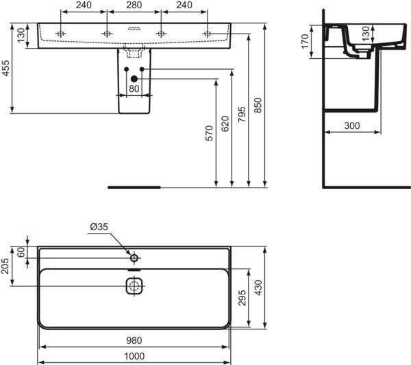 Ideal Standard Strada II Waschtisch 1000 mm, 1 Hahnloch, mit Überlauf, Weiß