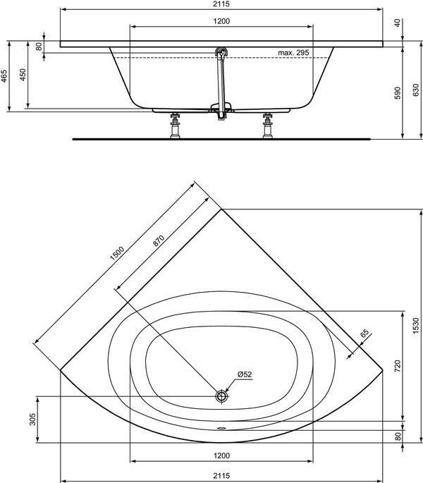 IDEAL STANDARD Eck-Badewanne Hotline Neu 1500x1500x465mm Weiß – Viertelkreis mit 2 Rückenschrägen