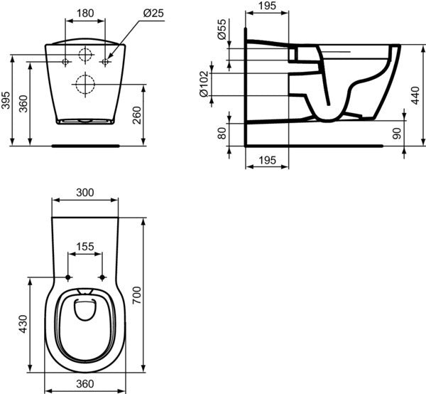 Ideal Standard Connect Freedom Wand-Tiefspül-WC spülrandlos barrierefrei 360x700x385mm Weiß