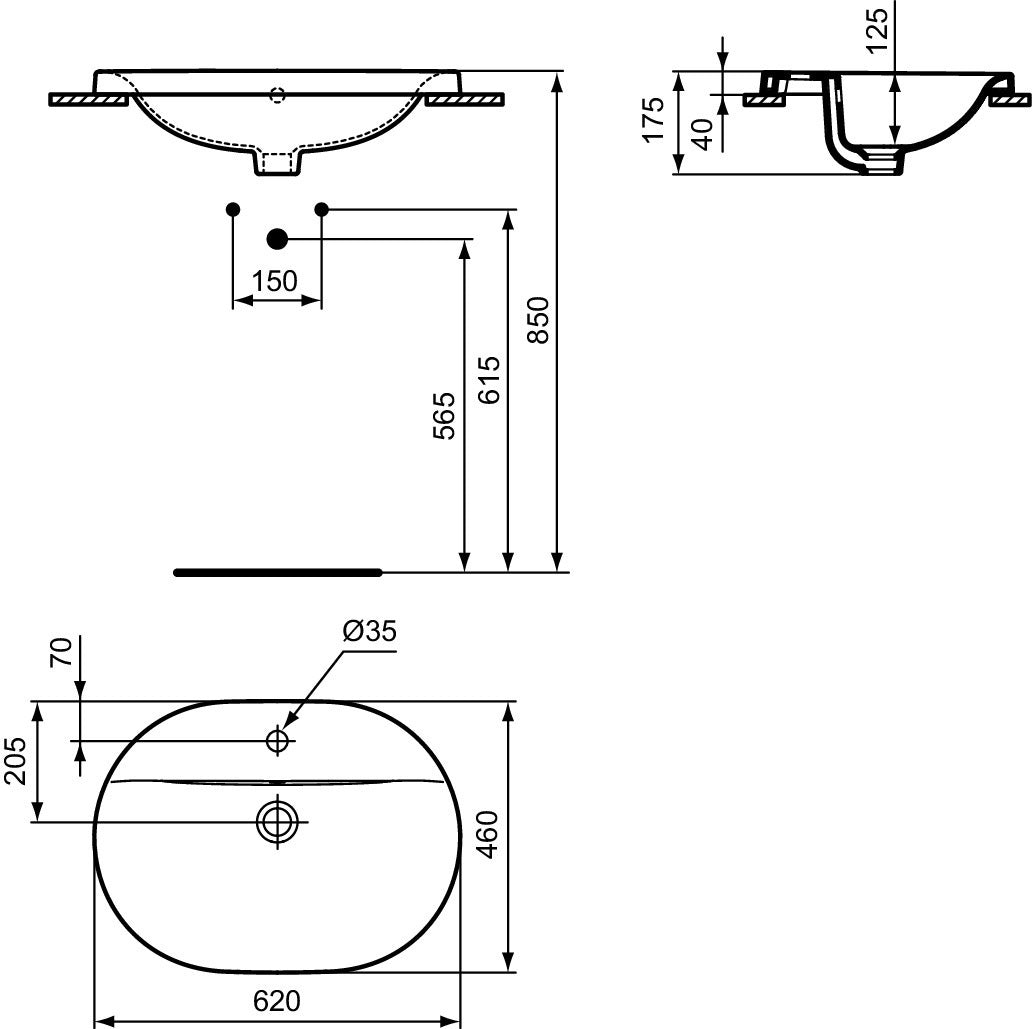 IDEAL STANDARD Connect Einbauwaschtisch oval 620 mm mit Ideal Plus Beschichtung