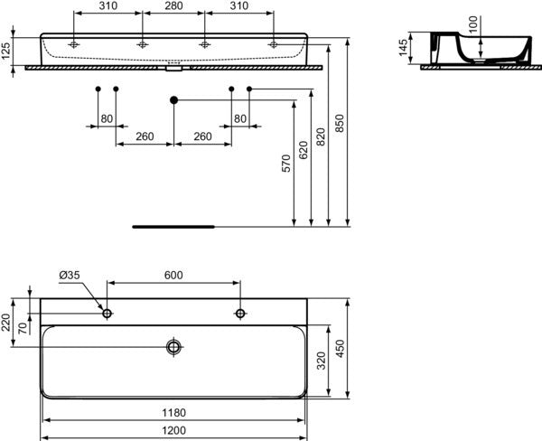 Ideal Standard Conca Doppelwaschtisch 1200 mm, 2 Hahnlöcher, ohne Überlauf, Weiß