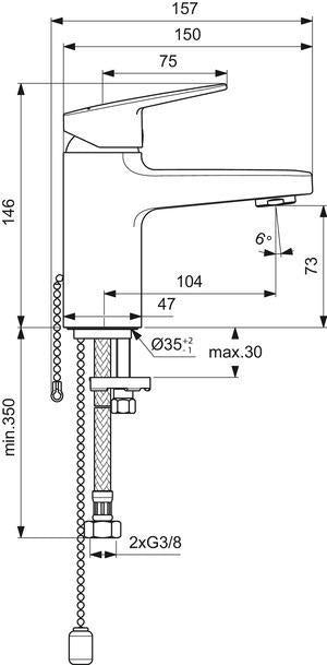 IDEAL STANDARD Ceraplan Waschtischarmatur H75 Chrom mit Kette, 104 mm Ausladung, ohne Ablaufgarnitur