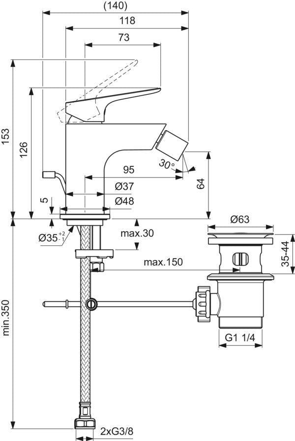 IDEAL STANDARD Ceralife O Bidetarmatur Chrom 95 mm mit Ablaufgarnitur