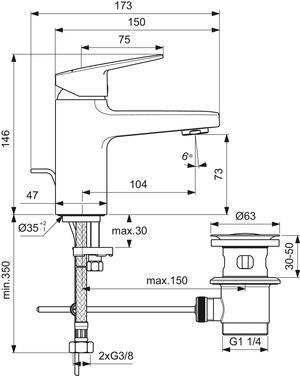 Ideal Standard Ceraplan Waschtischarmatur H75 mit Ablaufgarnitur, Ausladung 104 mm, Chrom