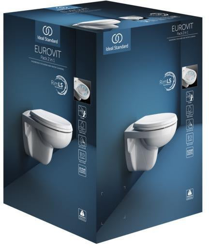 Ideal Standard Eurovit Wand-T-WC-Kombipaket – randlos, mit SoftClosing-Sitz, 370x525x395 mm, Weiß