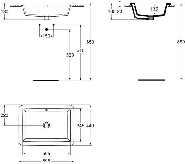 Ideal Standard Einbauwaschtisch Strada 595x435x170 mm Weiß, ohne Hahnloch, mit Überlauf