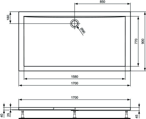 Ideal Standard Ultra Light Rechteck-Brausewanne 1800x800x45mm Weiß – Sanitäracryl, flacher Einbau