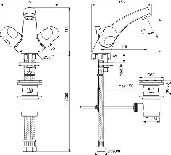 Ideal Standard Alpha Waschtisch-Zweigriffarmatur Chrom 120 mm Ausladung mit Ablaufgarnitur