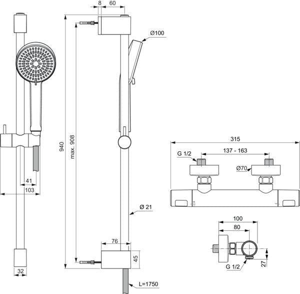 IDEAL STANDARD Brausekombination Ceratherm T25 N 900 mm mit Thermostat, 2-Funktions-Handbrause, Chrom