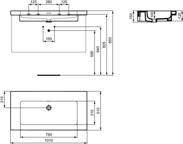 Ideal Standard Extra Möbelwaschtisch 1010x510x150 mm Weiß – ohne Hahnloch, mit Überlauf