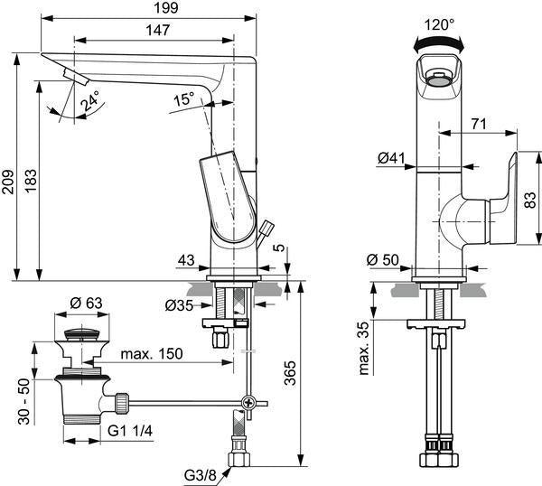 Ideal Standard Tesi Waschtischarmatur Chrom 147 mm mit Ablaufgarnitur und schwenkbarem Auslauf