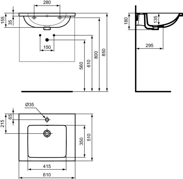 Ideal Standard i.life B Möbelwaschtisch 610 mm Weiß mit Überlauf und 1 Hahnloch