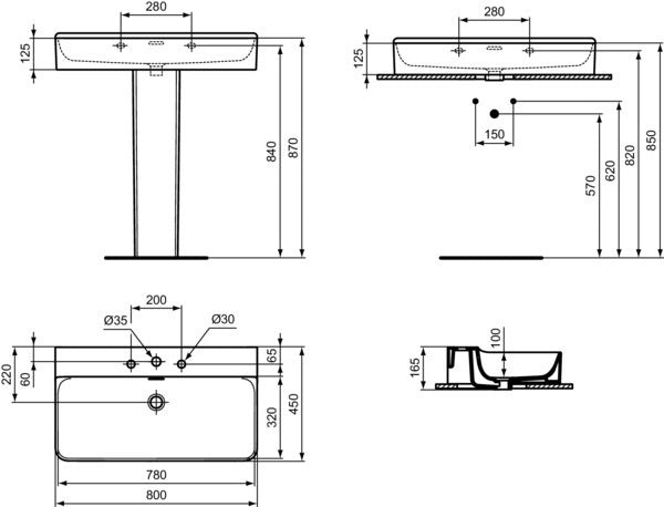 Ideal Standard Conca Aufsatzwaschtisch 800x450x165 mm, 3 Hahnlöcher, mit Überlauf, Weiß