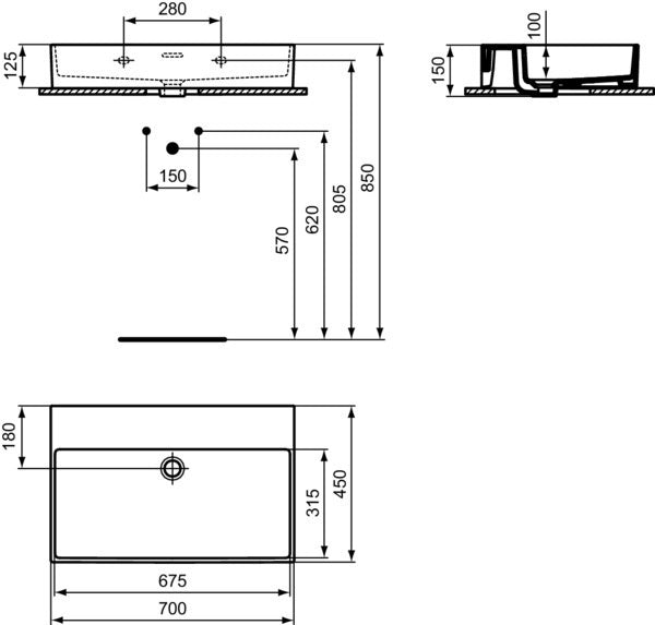 IDEAL STANDARD Extra Aufsatzwaschtisch 700x450mm Weiß ohne Hahnloch mit Überlauf