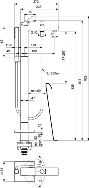 Ideal Standard Extra Freistehende Wannenarmatur mit Stick-Handbrause, 189 mm Ausladung, Chrom