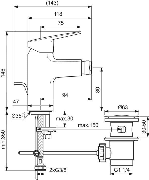 Ideal Standard Ceraplan Bidetarmatur Silk Black 94 mm mit Ablaufgarnitur