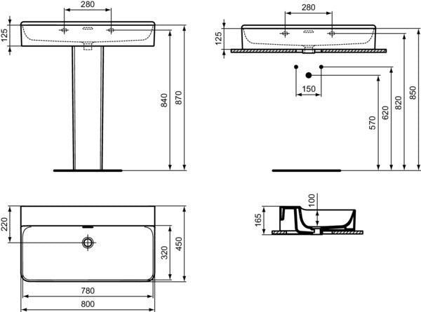 Ideal Standard Conca Aufsatzwaschtisch 800x450mm Weiß geschliffen ohne Hahnloch