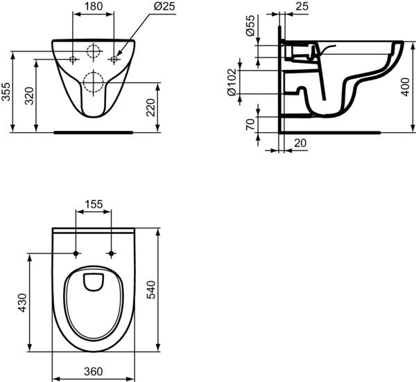 Ideal Standard i.life A Wand-WC randlos 360x540x330mm Weiß – RimLS+ Tiefspüler