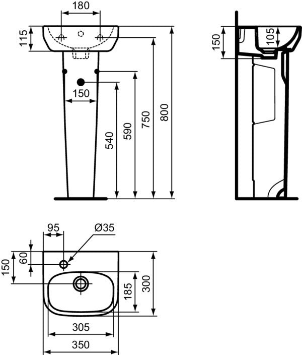 Ideal Standard i.life A Handwaschbecken 350x300x115 mm Weiß, 1 Hahnloch links, mit Überlauf