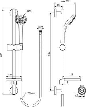 IDEAL STANDARD Idealrain Brausekombination 600 mm mit 3-Funktionshandbrause d:80 mm Chrom