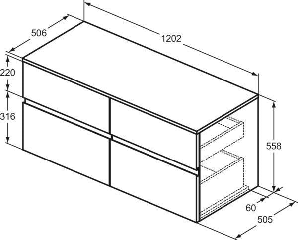 Ideal Standard Finesse Waschtischunterschrank 1202 mm, 4 Auszüge, Greige Matt, wandhängend