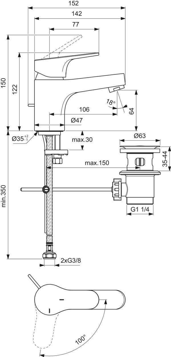 IDEAL STANDARD Cerabase Waschtischarmatur Chrom 106 mm mit Metall-Ablaufgarnitur und Push-Open-Ventil