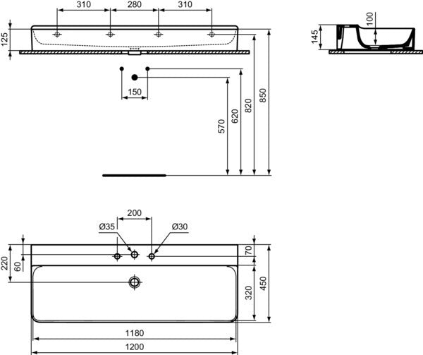 IS Waschtisch Conca, 3 Hl., o.Ül., 1200x450x145mm, Weiß