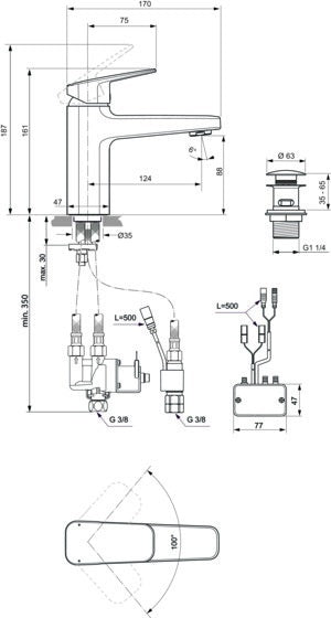 Ideal Standard Ceraplan iX Hybrid-Waschtischarmatur mit Push-Open Ventil und Bluestart, Chrom