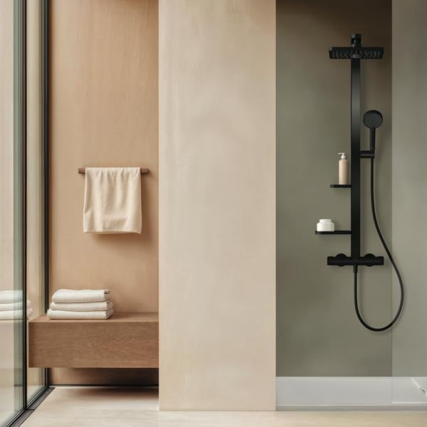 Ideal Standard Duschsystem Ceratherm Alu+ mit Thermostat, Kopf- und Handbrause, Ablage