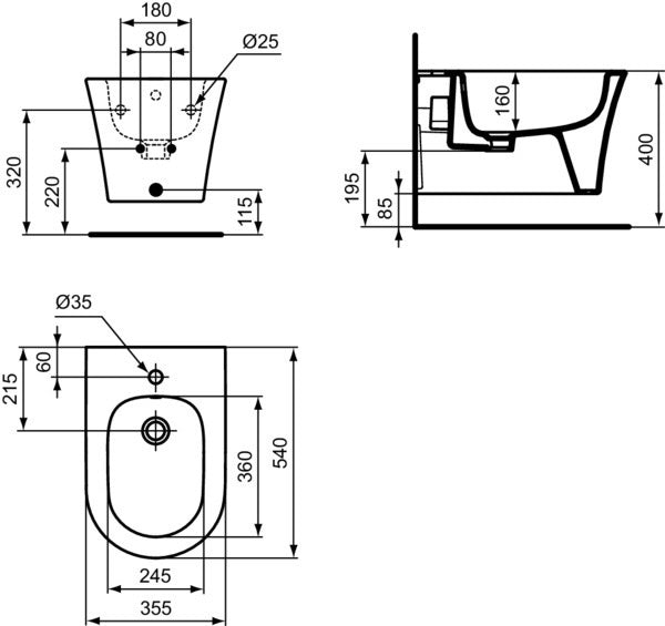 Ideal Standard La Dolce Vita Wandbidet in Weiß – Keramik, 355 x 540 x 315 mm, mit Überlauf