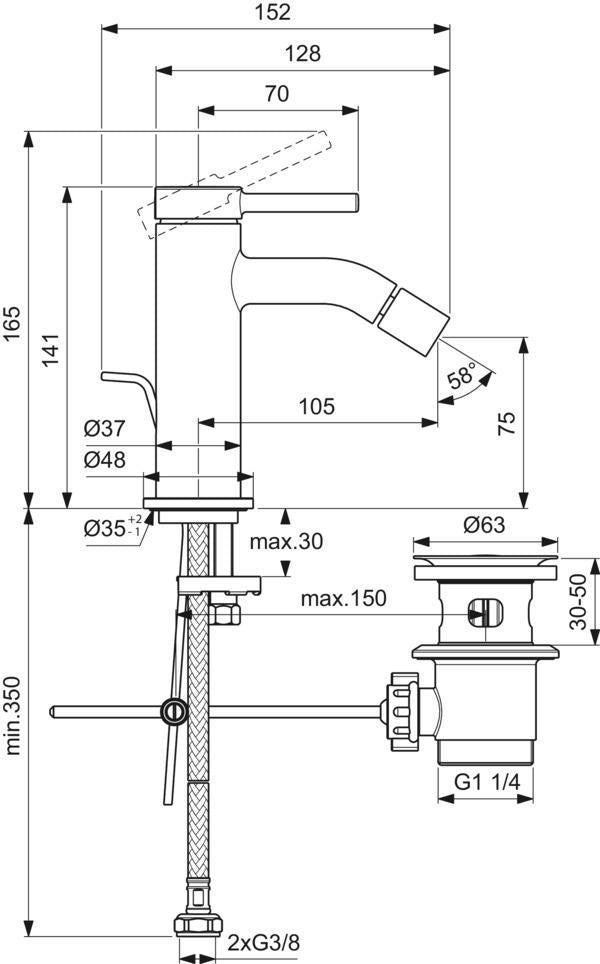 IDEAL STANDARD Bidetarmatur Ceraline Nuovo 105mm mit Ablaufgarnitur Chrom
