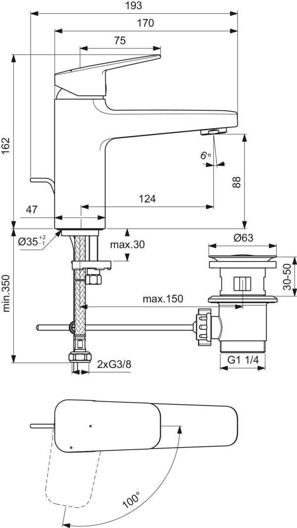 Ideal Standard Ceraplan H90 Waschtischarmatur mit Ablaufgarnitur 124 mm BlueStart Chrom