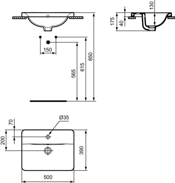 Ideal Standard Connect Einbauwaschtisch 500x390mm Weiß mit Überlauf und 1 Hahnloch