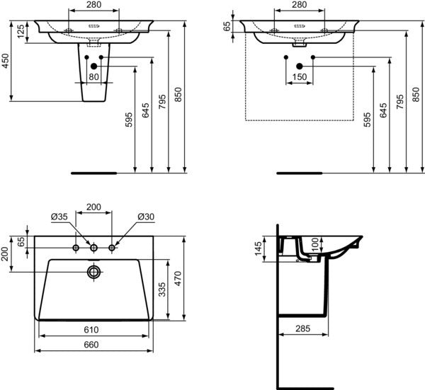 Ideal Standard Möbelwaschtisch La Dolce Vita 660 mm, 3 Hahnlöcher, mit Überlauf, Weiß