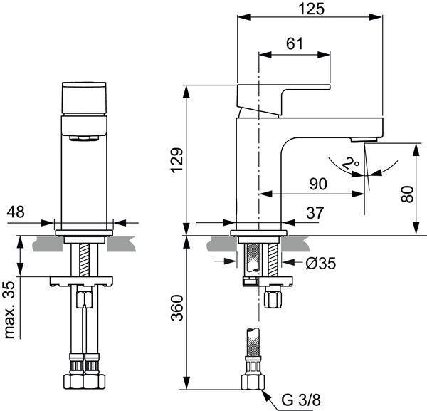 Ideal Standard Edge Waschtischarmatur Chrom 90 mm mit Ablaufgarnitur und Heißwasser-Sparfunktion