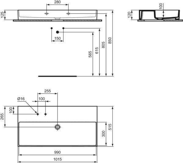 Ideal Standard Waschtisch Solos 1015 mm, 2 Hahnlöcher, ohne Überlauf, geschliffen Weiß
