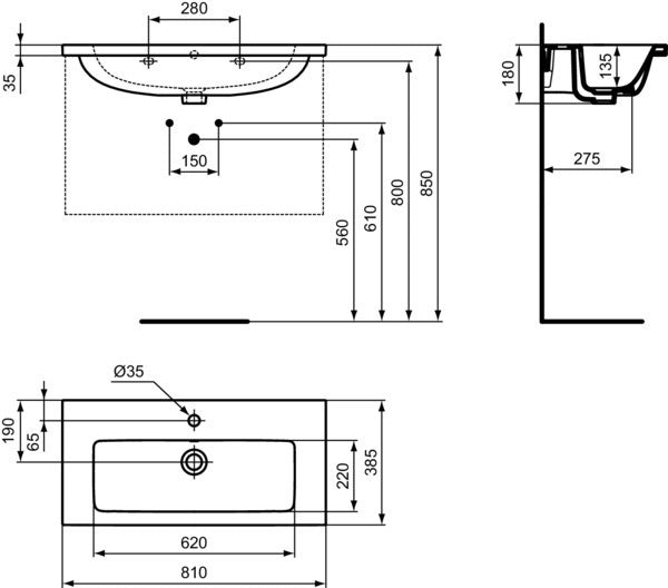 Ideal Standard i.life S Möbelwaschtisch 810 mm, 1 Hahnloch, mit Überlauf, Weiß