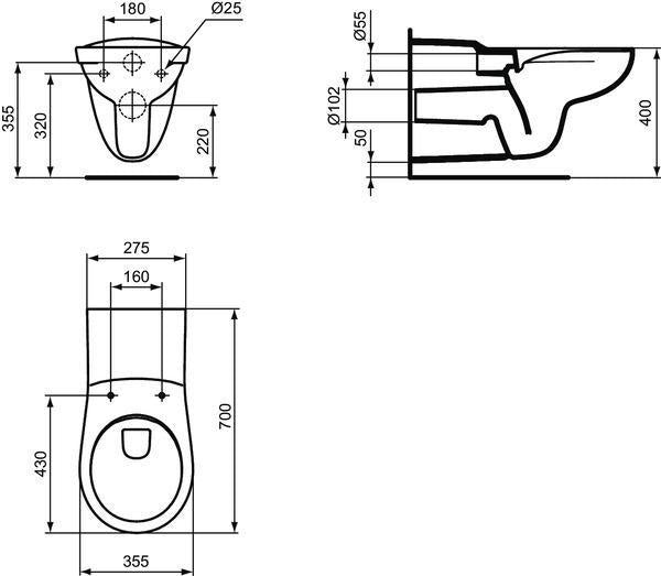 Ideal Standard Contour 21 Wandtiefspül-WC, barrierefrei, ohne Spülrand, 355x700x380 mm, Weiß