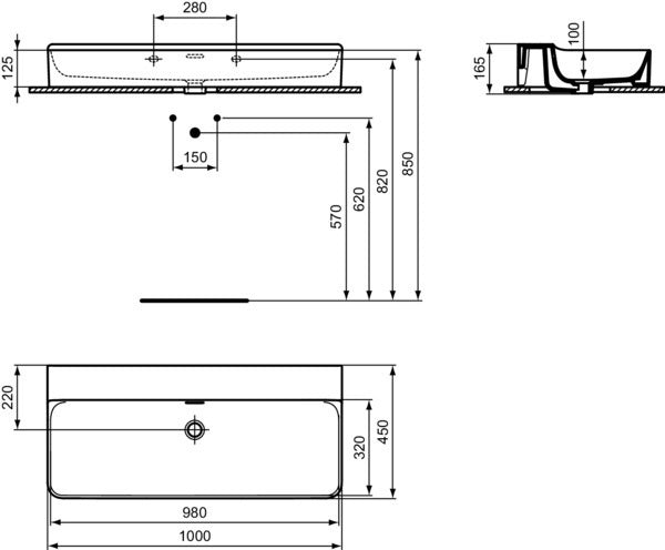 Ideal Standard Conca Aufsatzwaschtisch 1000x450x165mm geschliffen Weiß ohne Hahnloch mit Überlauf