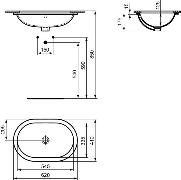 Ideal Standard Unterbauwaschtisch Connect, oval, 620x410 mm, Weiß, ohne Hahnloch, mit Überlauf