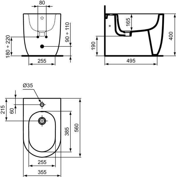 Ideal Standard Stand-Bidet Blend Curve, 355x560x400 mm, Weiß, 1 Hahnloch