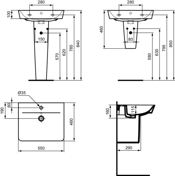 Ideal Standard Connect Air Waschtisch 550x460mm, 1 Hahnloch, mit Überlauf, Weiß