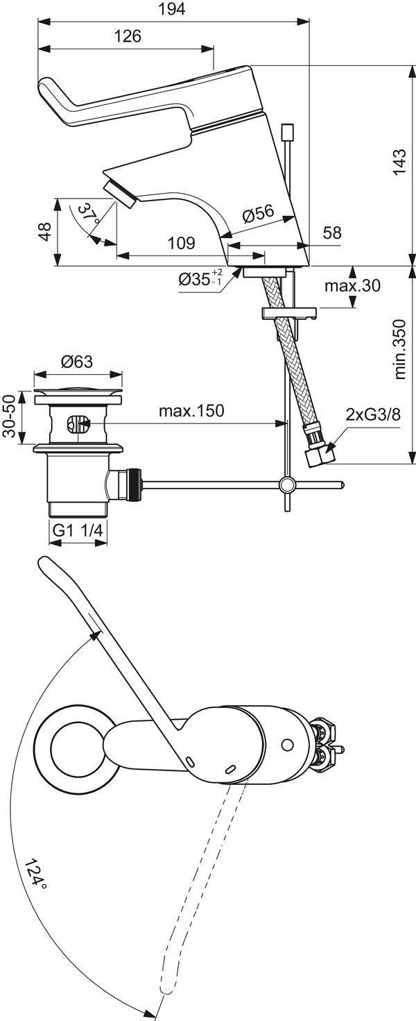 Ideal Standard Ceraplus WT-Sicherheitsarmatur Chrom 109 mm mit Ablaufgarnitur