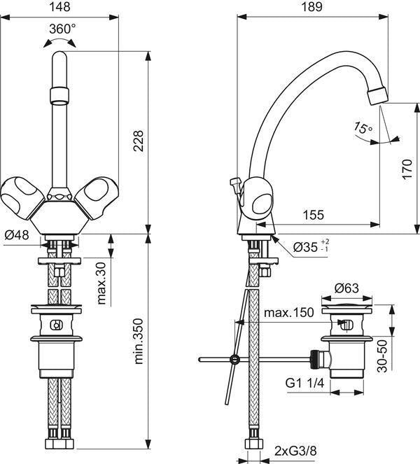Ideal Standard Alpha Waschtisch-Zweigriffarmatur Chrom 155 mm mit Ablaufgarnitur