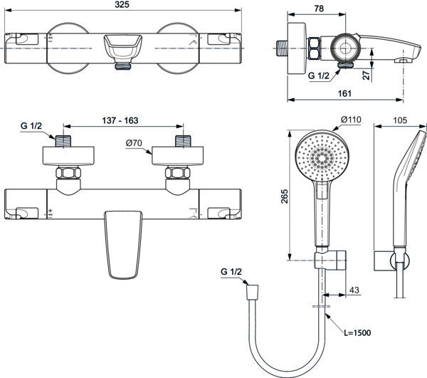 Ideal Standard Badethermostat AP Ceratherm T50 mit Handbrauseset Chrom – Thermostatische Wandarmatur