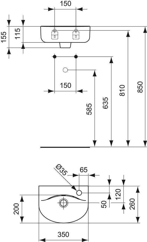 Ideal Standard Handwaschbecken Connect Arc, 350x260x155 mm, 1 Hahnloch rechts, mit Überlauf, Weiß