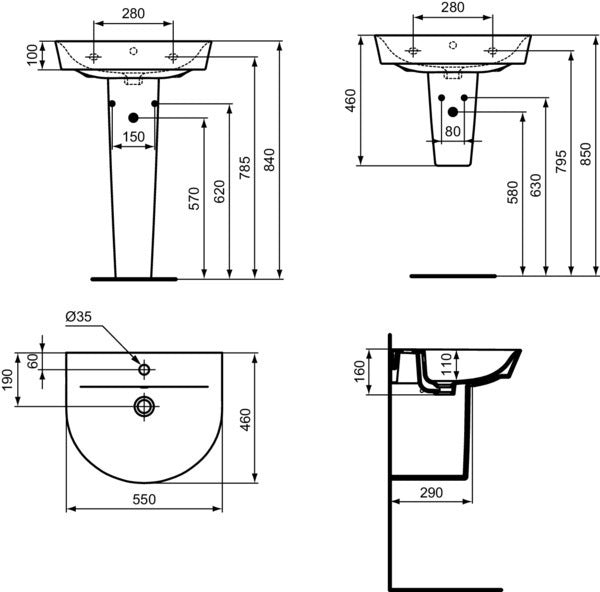 Ideal Standard Waschtisch Connect Air 550x460mm, 1 Hahnloch, mit Überlauf, Weiß