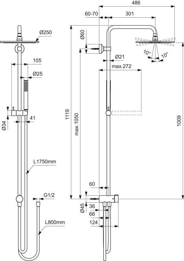 Ideal Standard Duschsystem Ceratwist T25 M – ohne Armatur, mit Stick-Handbrause und runder Kopfbrause, Chrom
